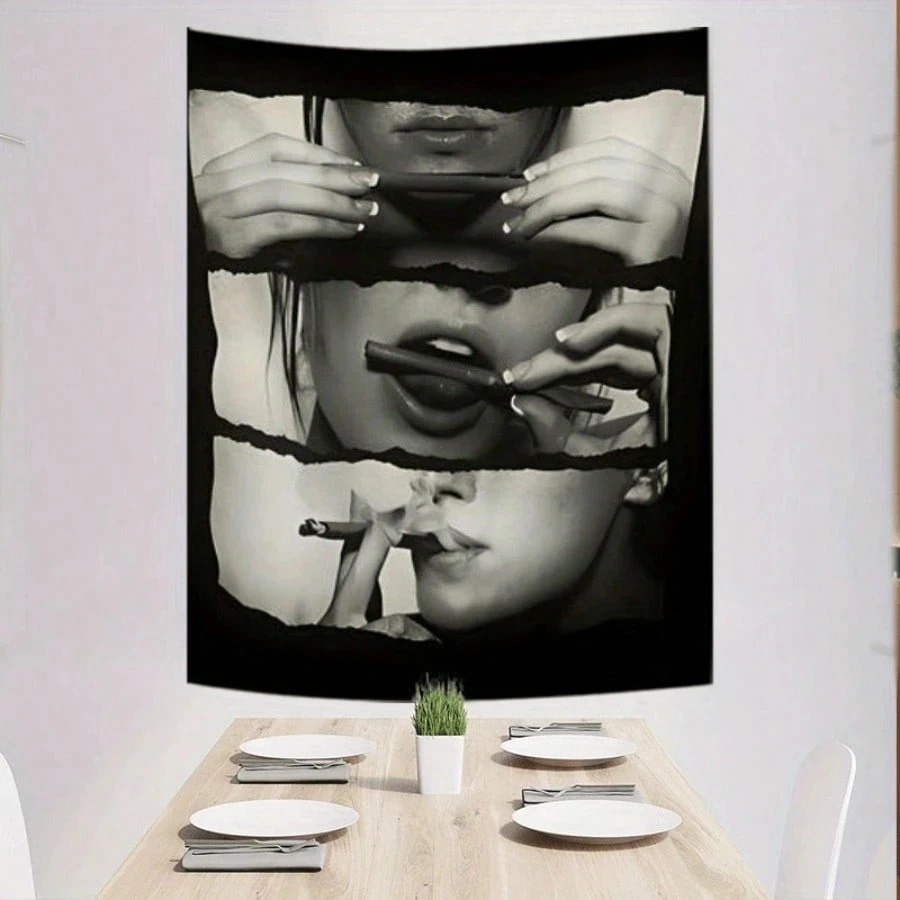 1pc Black White Grunge Smoking Girl Tapestry, Aesthetic Collage Wall Hanging, Multiple Sizes, Polyester 2D Print, Bedroom Decor,