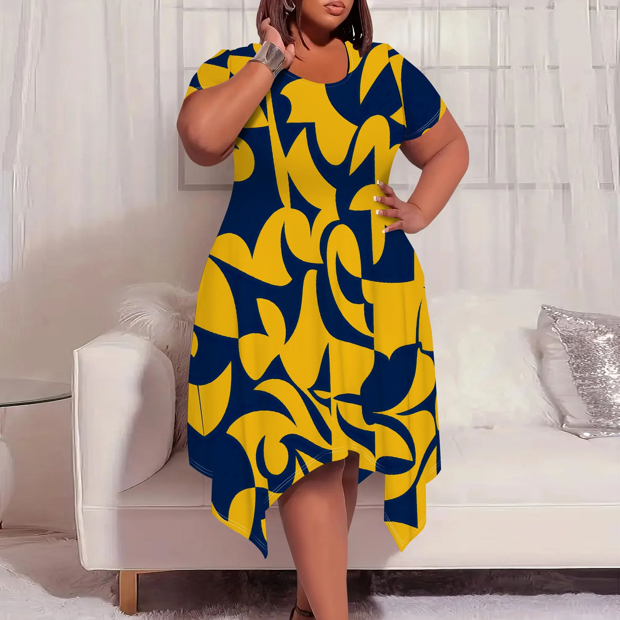 

Vibrant Plus Size Handkerchief Hem Dress | Abstract Print Short Sleeve Tunic | Women's Casual Flowy Mini Dress XL-6XL
