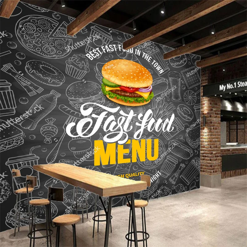 Custom Blackboard Burger Fast Food Wallpaper Industrial Decor Mural Restaurant Snack Bar Background Wall Papel De Parede