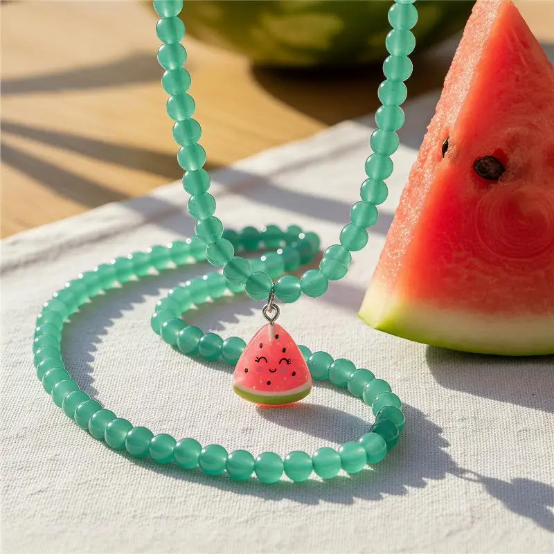 Summer Style Candy Color Heart Pendant Necklace Blue Green Glass Beaded Contrast Design for Beach Outfits