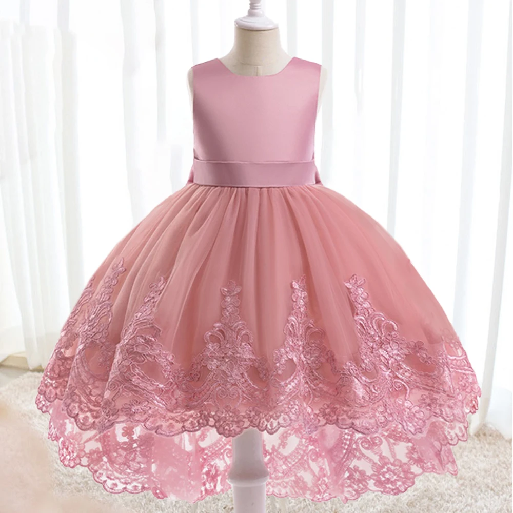 Trailing Party Dresses For Girl Pink Flower Bow Wedding Bridesmaid Girls Dress Elegant Tulle Birthday Princess Evening Prom Gown