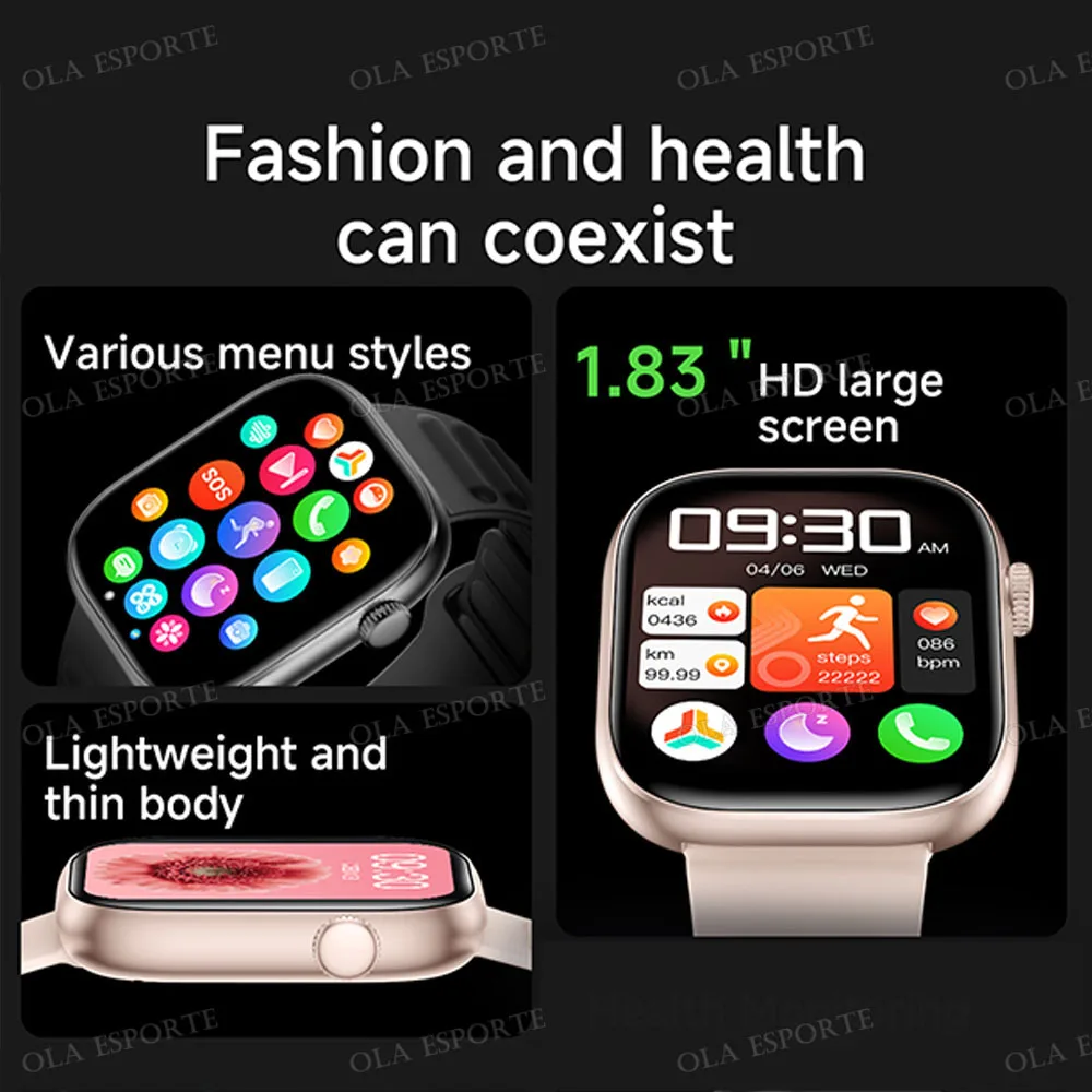 ساعة ذكية للرجال بشاشة AMOLED مقاس 1.83 بوصة، إشعارات رسائل مكالمة بلوتوث، معاينة توقعات الطقس، مراقبة الصحة، ساعة ذكية للنساء