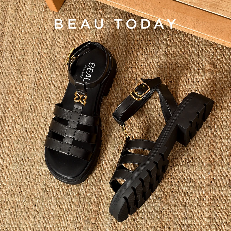

BeauToday Gladiator Sandals Women Open Toe Ankle Metal Buckle Strap Genuine Cow Leather Slingback Summer Female Shoes 38199