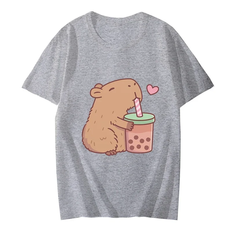 Cute Capybara Loves Bubble Tea Print T-shirts Fashion Casual Short Sleeve Women Tops Y2k Summer Tee Shirts Femme Women Clothing