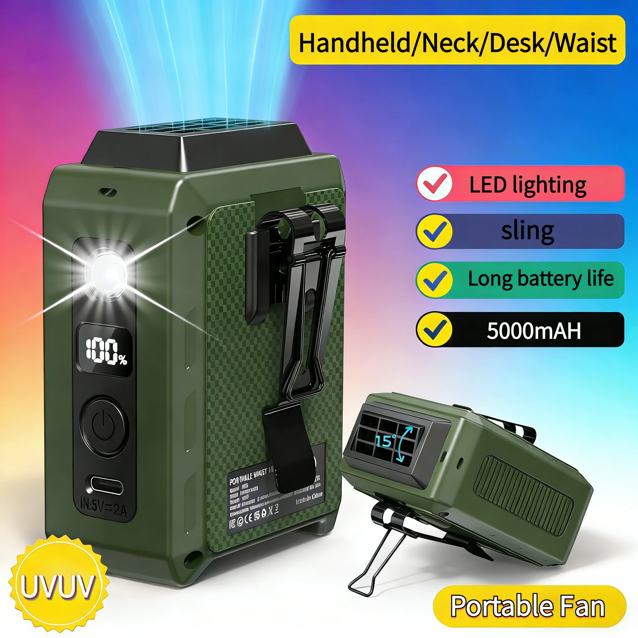 

Портативный вентилятор/вентилятор для ношения на поясе, с ремешком, перезаряжаемой батареей, временем работы до 20 часов, подходит для кемпинга и путешествий на природе.