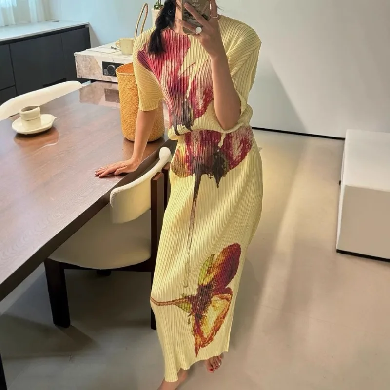 

2025 Spring Summer New High End Elegant Pleated Print Slimming Midi Skirt