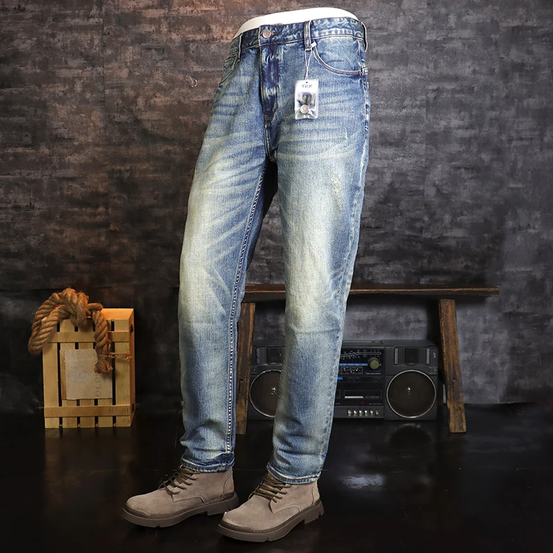 Jeans sobek pas badan elastis pria, celana Denim kasual Retro kualitas tinggi, celana jins Vintage pria