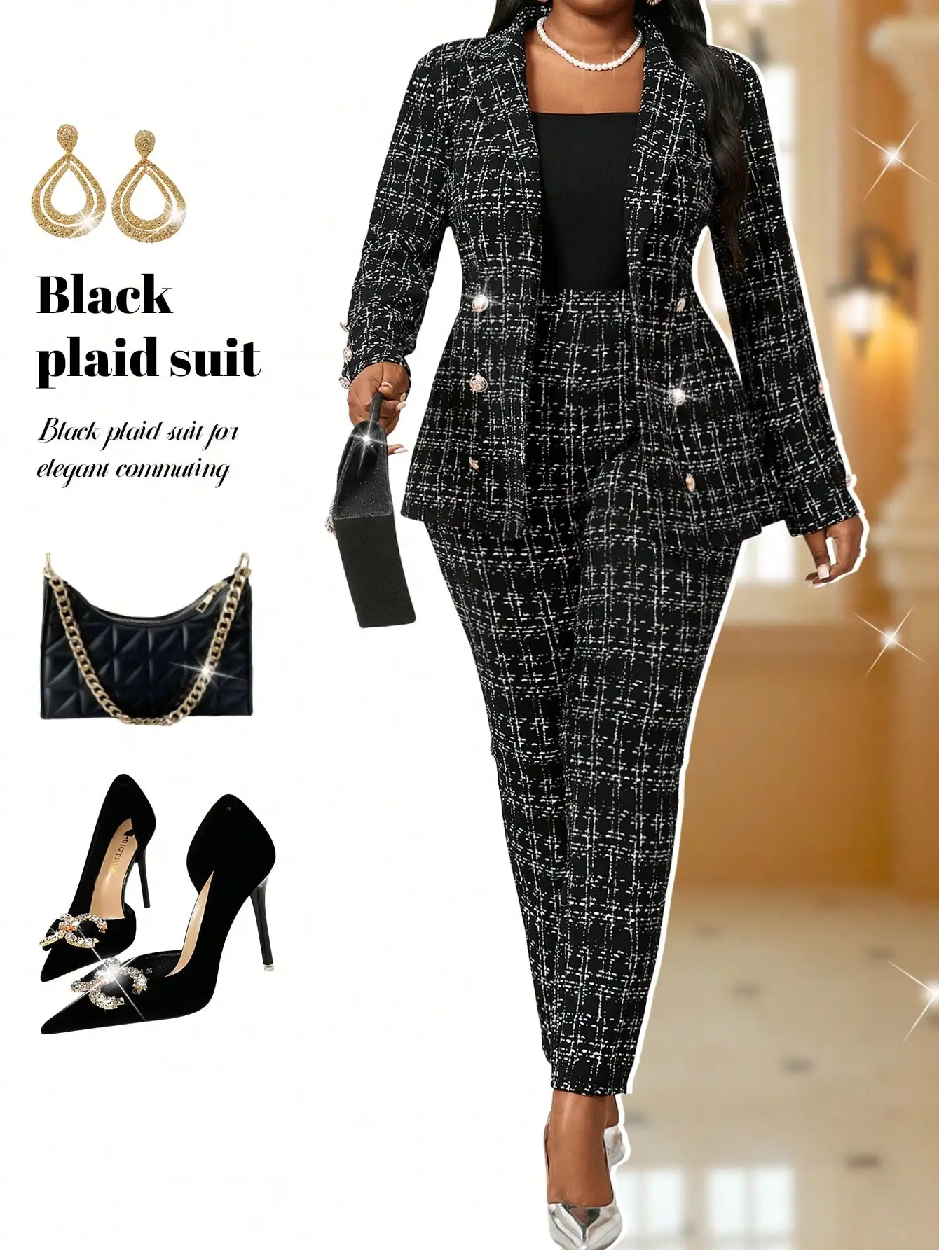 

Черно-белый клетчатый женский костюм-двойка больших размеров с двубортным пиджаком