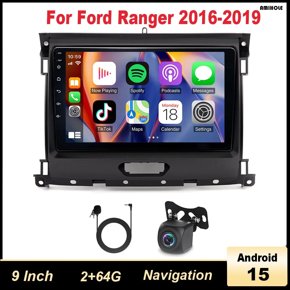 car navigation 9-inch For 2016-2019 Ford Ranger Android 15 fit for CarPlay + Android Auto / 2 + 64G + AHD camera + microphone