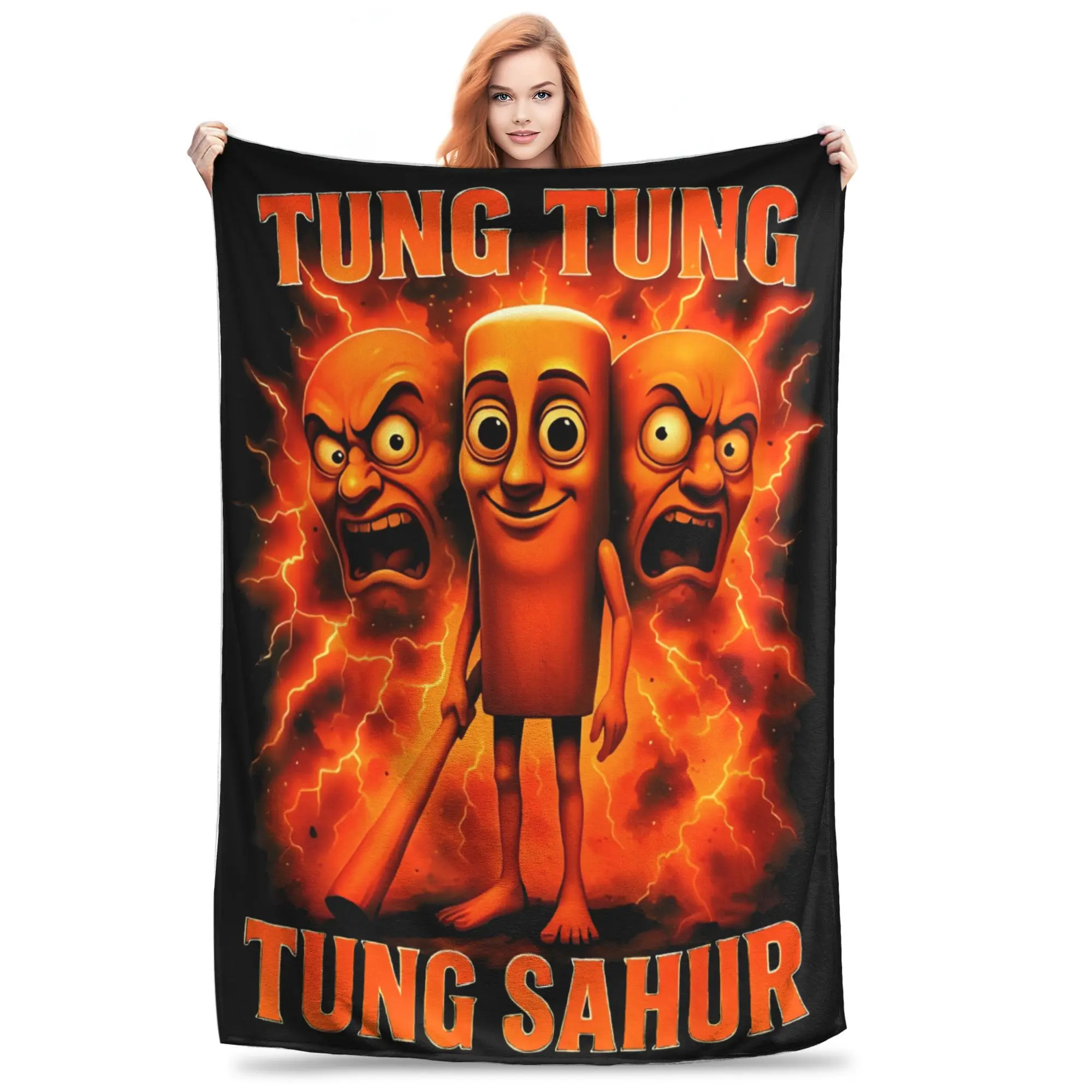 

Tung Tung Tung Sahur Meme Blanket Cover Fleece Italian Brainrot Ultra-Soft Throw Blankets for Outdoor Travel Bedspread