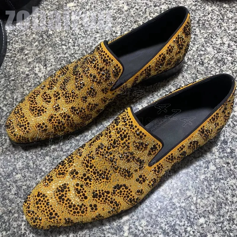 

Yellow Rhinestone Decor Square Toe Men Loafers Fashion Slip On Men Shoes Luxury Handmade Party Banquet Dating Men Casual Shoes