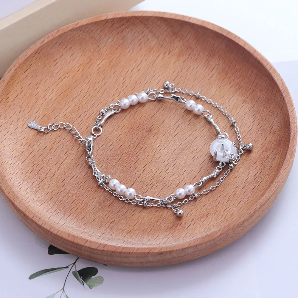 Hotan Jade Bell Bracelet For WomenDouble Layer Pearl Irregular Simple Jewelry Gift Dropshipping925 Sterling Silver