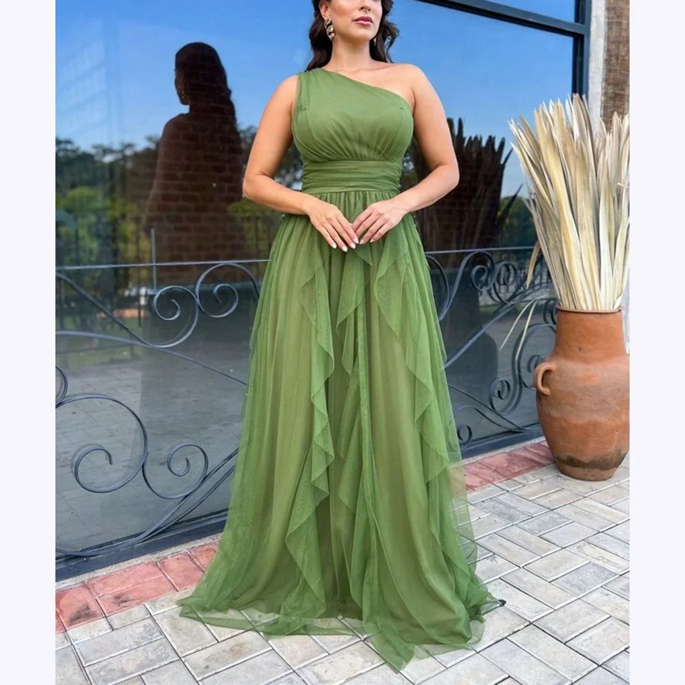 

Modern Prom Dresses Sleeveless One Shoulder Floor Length A Line Long Dress Draped Pleats Cocktail Party Gown Special Occasion