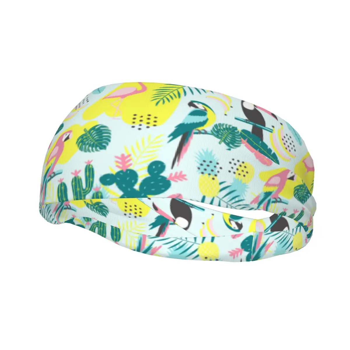 Tropical Toucan Flamingos Parrot Cactuses And Exotic Leaves Elastic Hair Band Yoga Headband Makeup Hair Hoop Headwrap