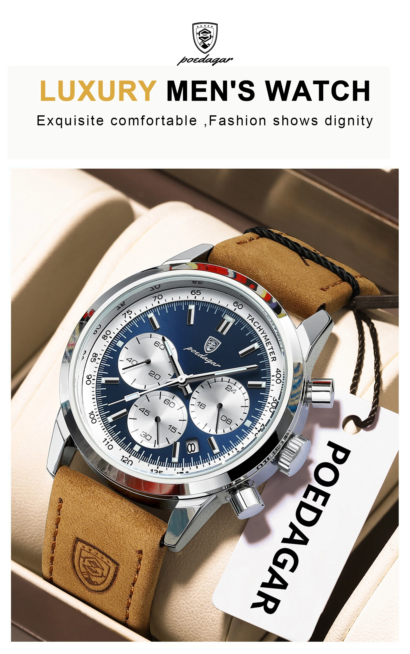 POEDAGAR Mode herren Uhr Wasserdicht Leucht Leder Military Mann Armbanduhr Chronograph Quarz Luxus Uhren Für Männer Reloj – Detail 13