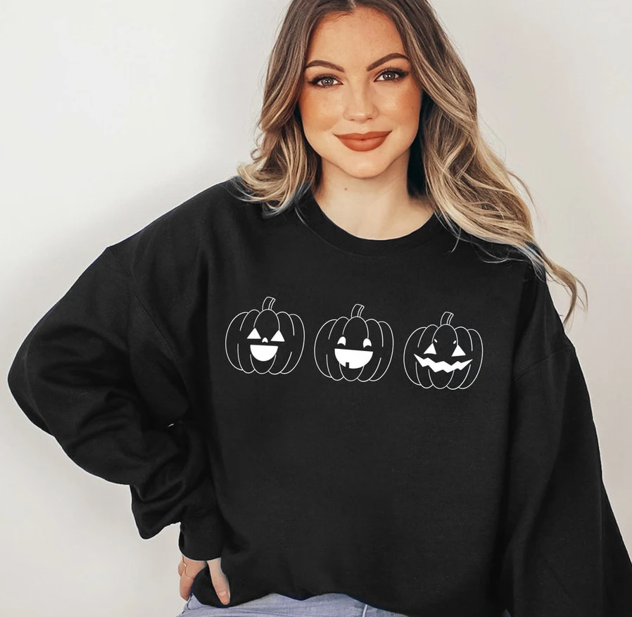 

three pumpkins Sweatshirt spooky women long sleeve jumper Halloween fall pullovers