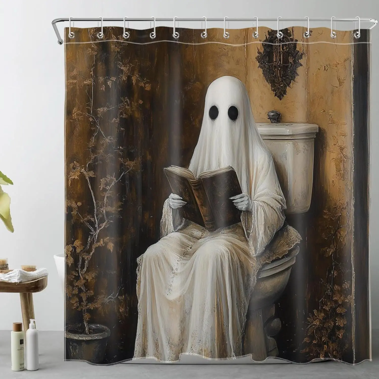 

Занавеска для душа на Хэллоуин, забавный призрак на туалете, занавески для душа с 12 крючками, винтажные готические коричневые абстрактные темные академические
