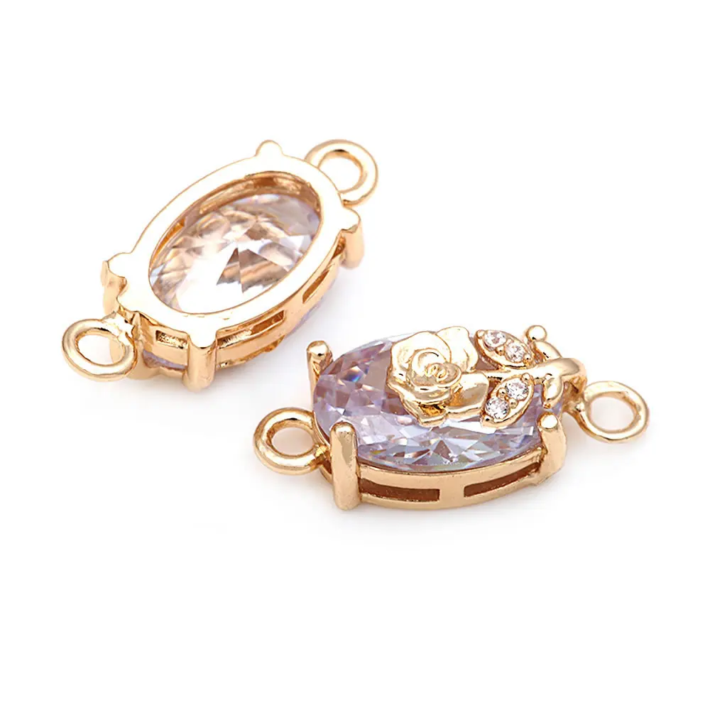 6PCS 18K Gold Color Brass Zircon Glass 2 Holes Oval Flower Connect Charms Pendants High Quality Necklace Earrings Diy Jewelry
