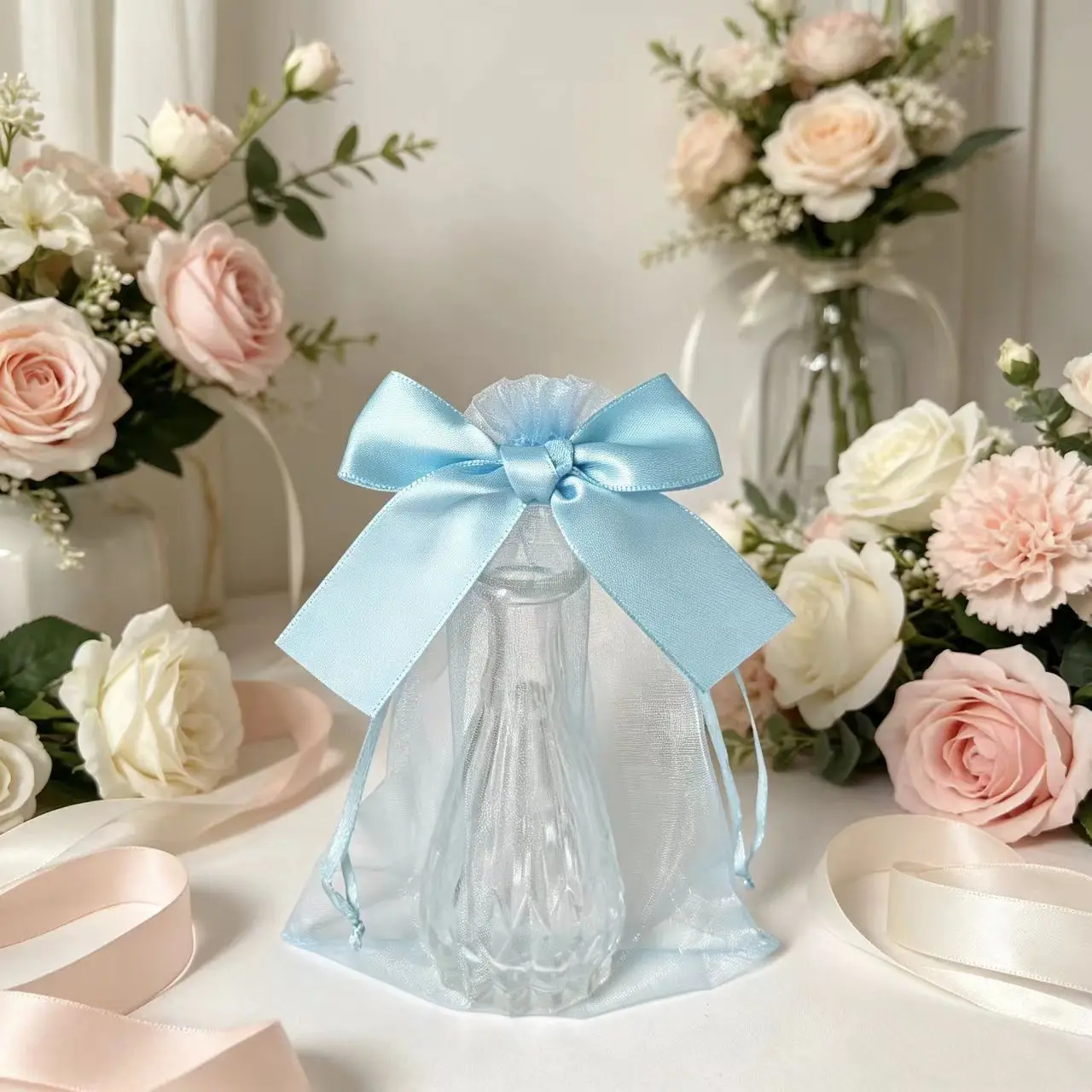 20 bolsas de regalo de organza transparente con cordón y lazo de satén para recuerdos de boda, botellas de perfume, dulces y empaques de joyería