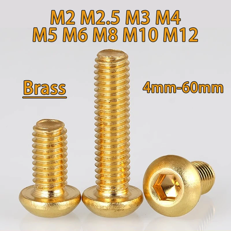 ISO7380 Brass Half Round Head Hexagon Socket Screw M2M2.5M3M4M5M6M8M10M12 Pure Brass Hexagon Socket Round cap Head Screw bolts