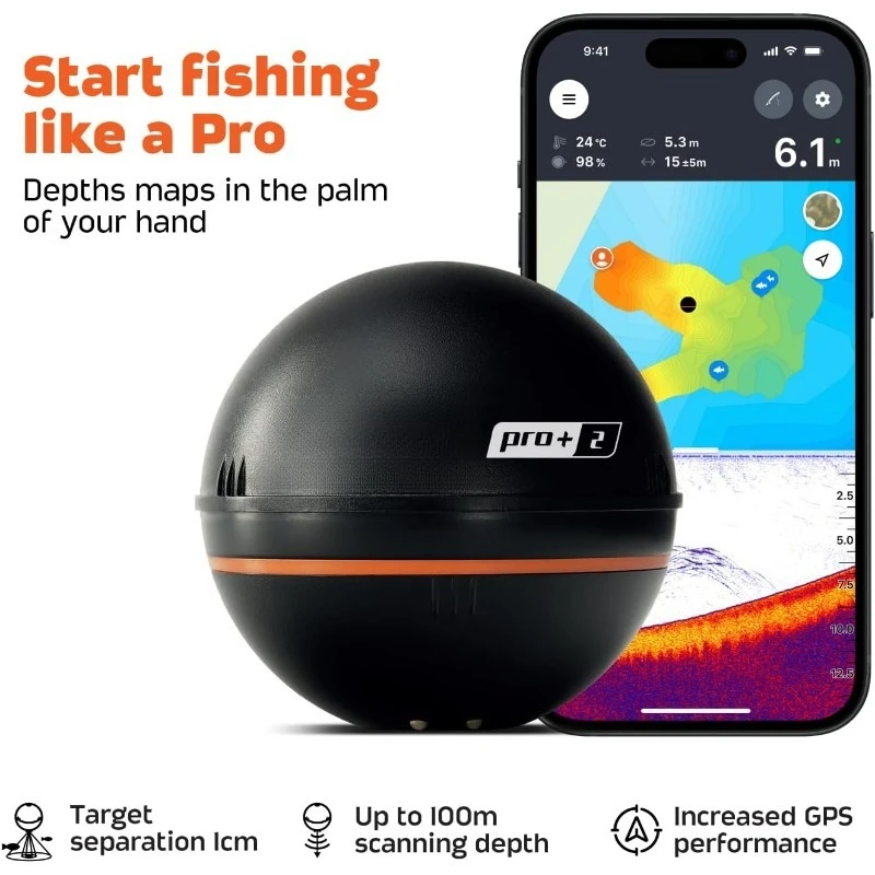 PRO+ 2 سونار - مكتشف الأسماك المحمول ومكتشف العمق لقوارب الكاياك والقوارب وصيد الأسماك على الجليد مع نظام تحديد المواقع العالمي (GPS) المدمج