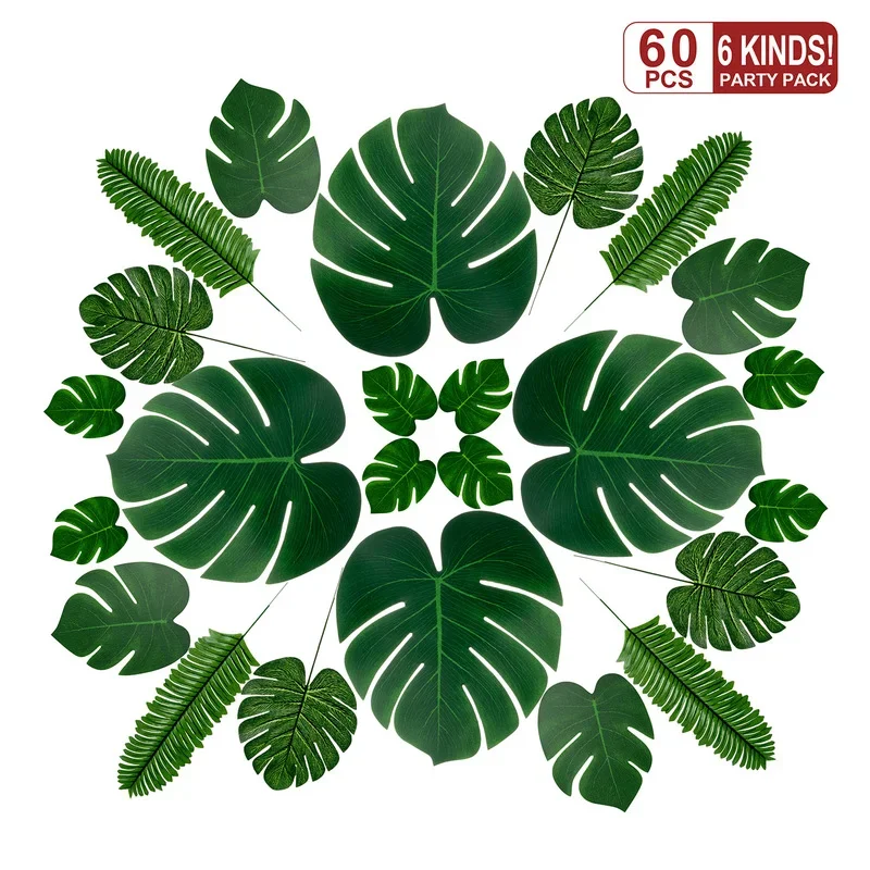

60 Pcs Artificial Plants Tropical Monstera Palm Leaves Simulation Leaf For Hawaiian Theme Party Decor Home Garden Fake Leaves