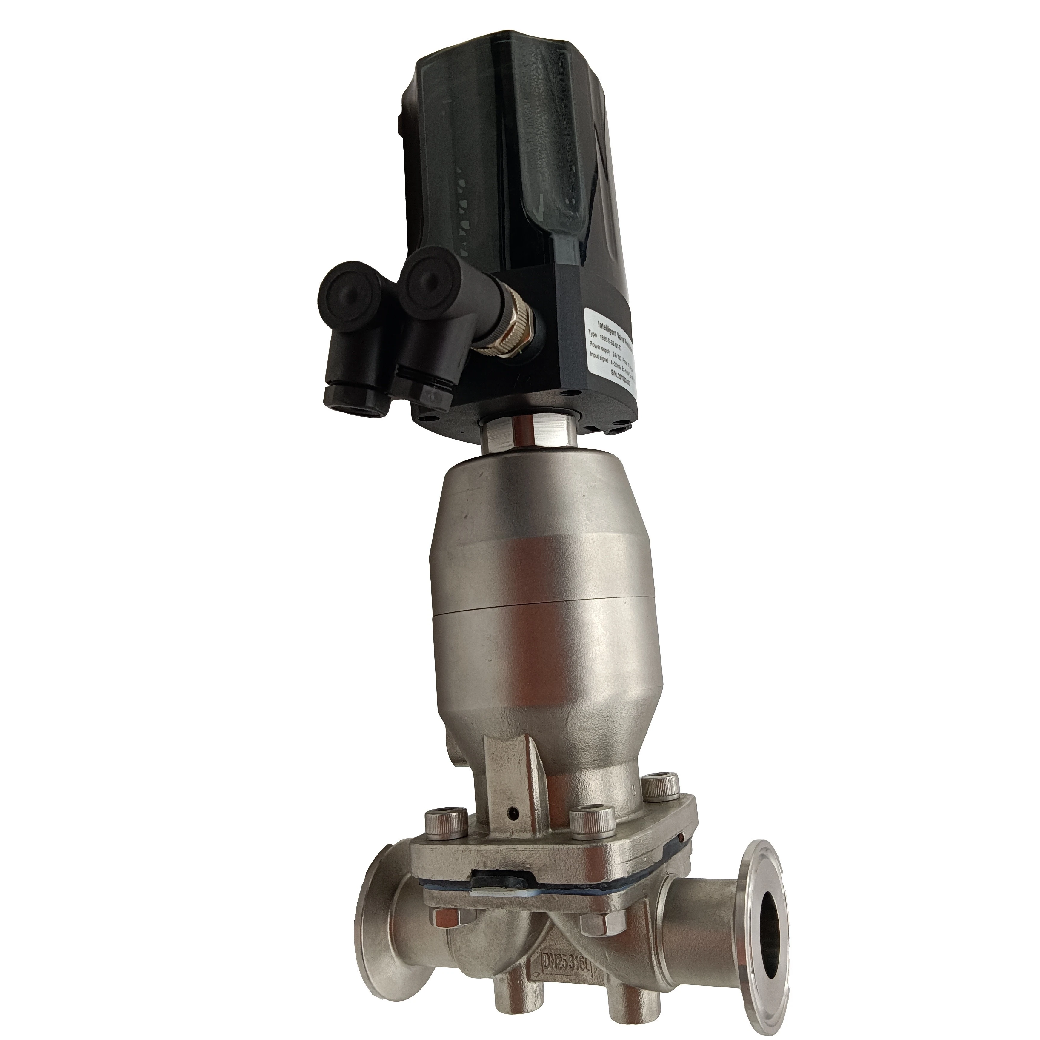 DN25 SS316L DIN Гигиенический зажим Пневматический мембранный клапан с пневматическим приводом из нержавеющей стали и интеллектуальной головкой управления DN25 SS316L DIN Гигиенический зажим Пневматический мембранный клапан с пневматическим приводом из нержавеющей стали и интеллектуальной головкой управления