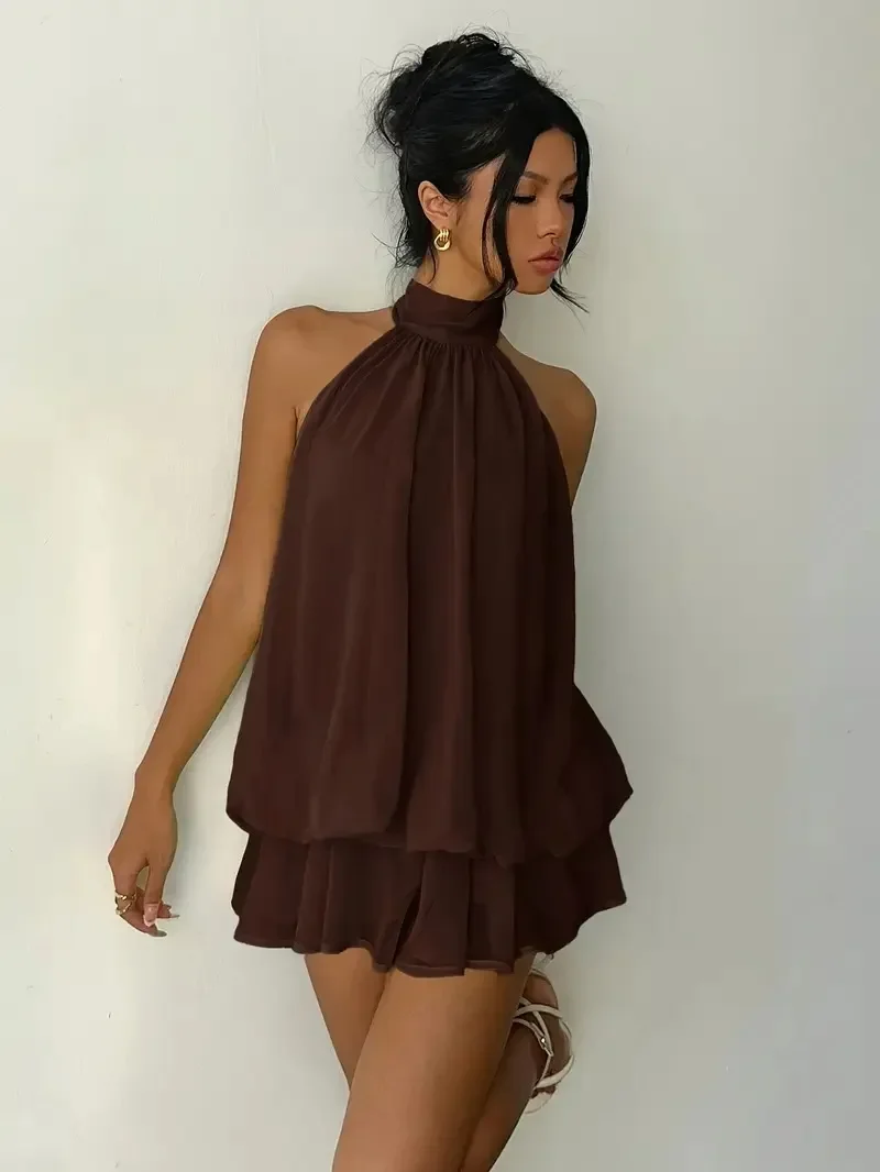Damen Chiffon-Minikleid mit Neckholder, ärmellos, mehrlagig, mit Rüschen, fließend, einfarbig, locker, A-Linie, Sommer-Party, Strand, Freizeit-Sommerkleid – Detail 7