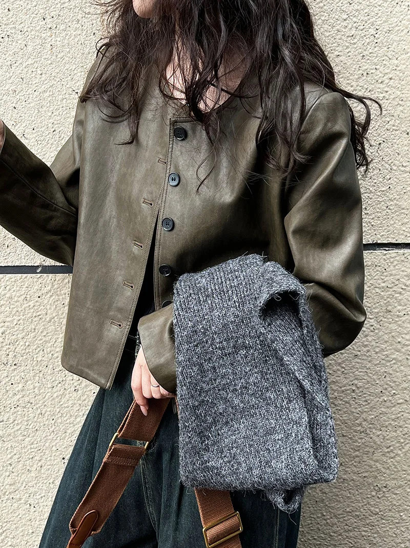 

Autumn vintage vintage Hong Kong style round neck PU leather jacket, women's green single breasted jacket, high-end top