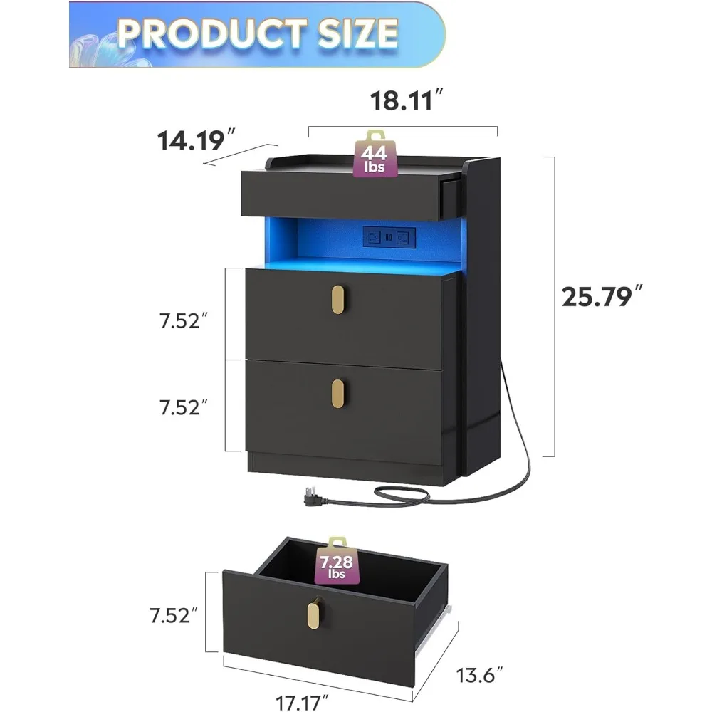 LED ベッドサイドテーブル、2 個セット、充電ステーション付き、スライドトップ付きベッドサイドテーブル、引き出し付きベッドサイドテーブル、コーヒーテーブル