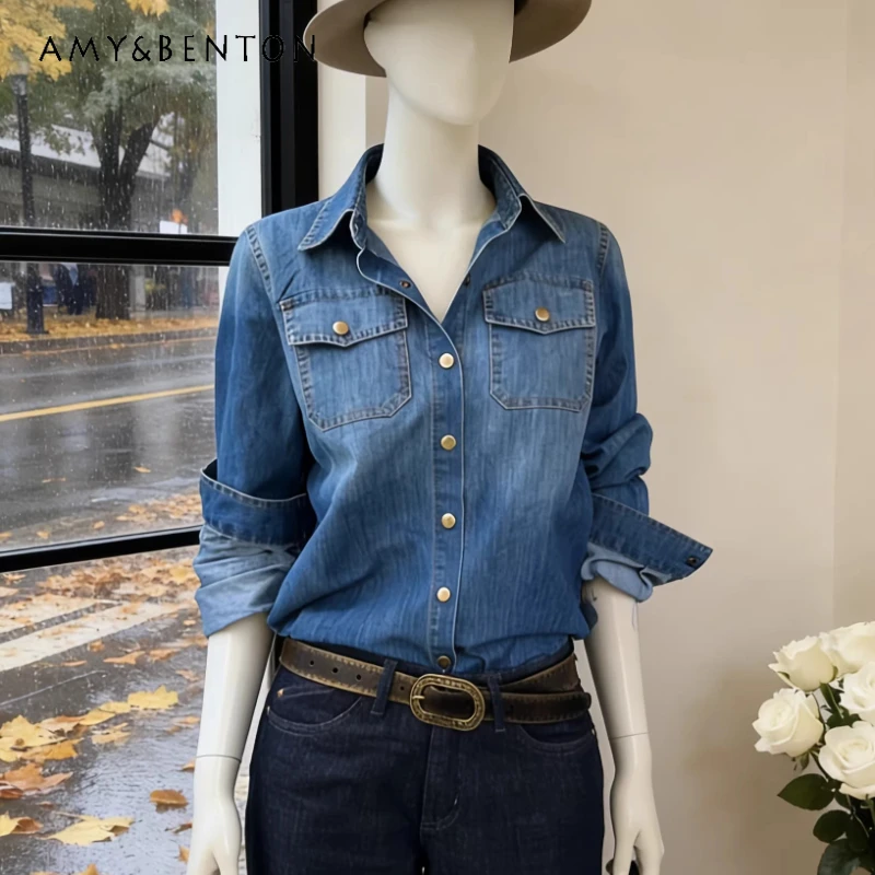 

Оригинальный дизайн, синяя джинсовая женская рубашка-куртка, весна 2026, новая модель, с воротником поло, высококачественная универсальная рубашка для женщин
