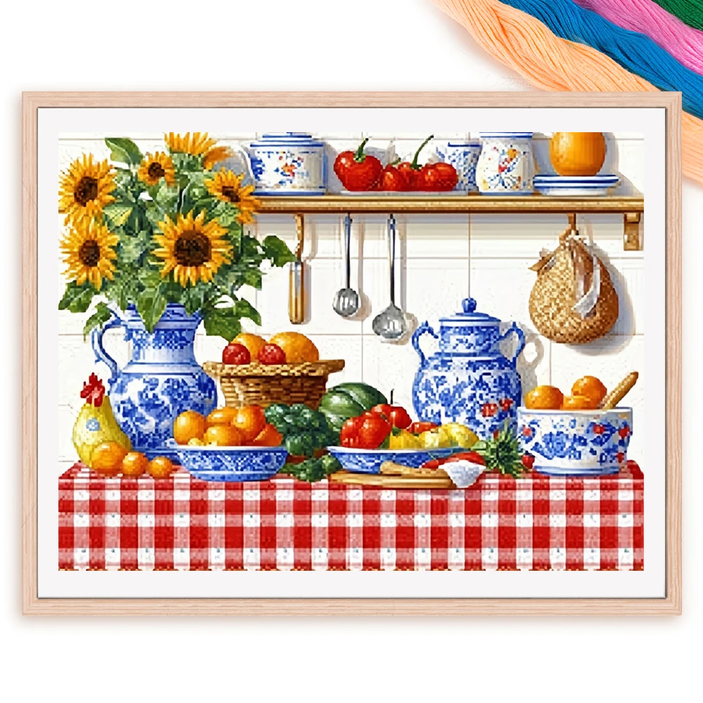 Kitchen DIY Embroidery 11CT Cross Stitch Kits Flower Needlework Craft Set Printed Canvas Home Decoration