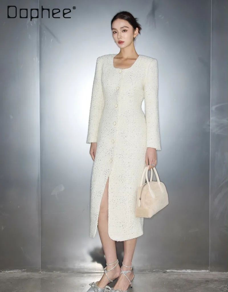 French Retro High-End Fashion Socialite Tweed Dress Commuting Style Trendy Square Neck Single-Breasted Long Sleeve A-Line Dress