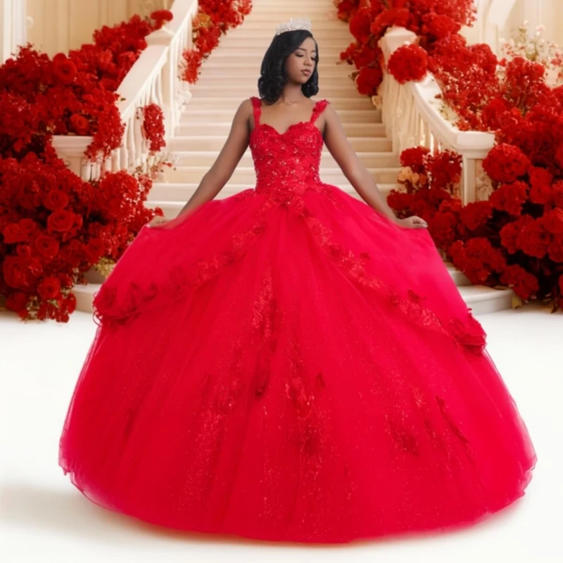 

Red Shiny Quinceanera Dresses Off The Shoulder Applique Flower Beading Tull Corset Party Birthday Sweet 16 Dress Vestidos 15 De