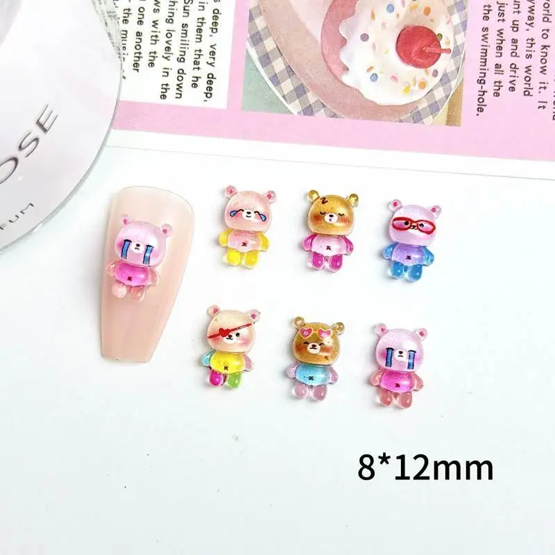 Colorful Cartoon Bear Nail Art Decorations 3D Luminou Cute Glasses Crying Bear Resin Nail Charms Accessories DIY Hairpin Nails