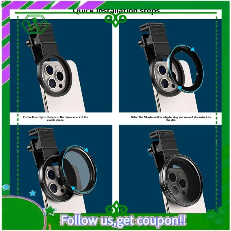 

Reliable-67Mm ND2-ND32 Filter Universal Phone Clip With Threaded Adapter Ring Cold Shoe For Iphone 16 15 Galaxy S24 DSLR