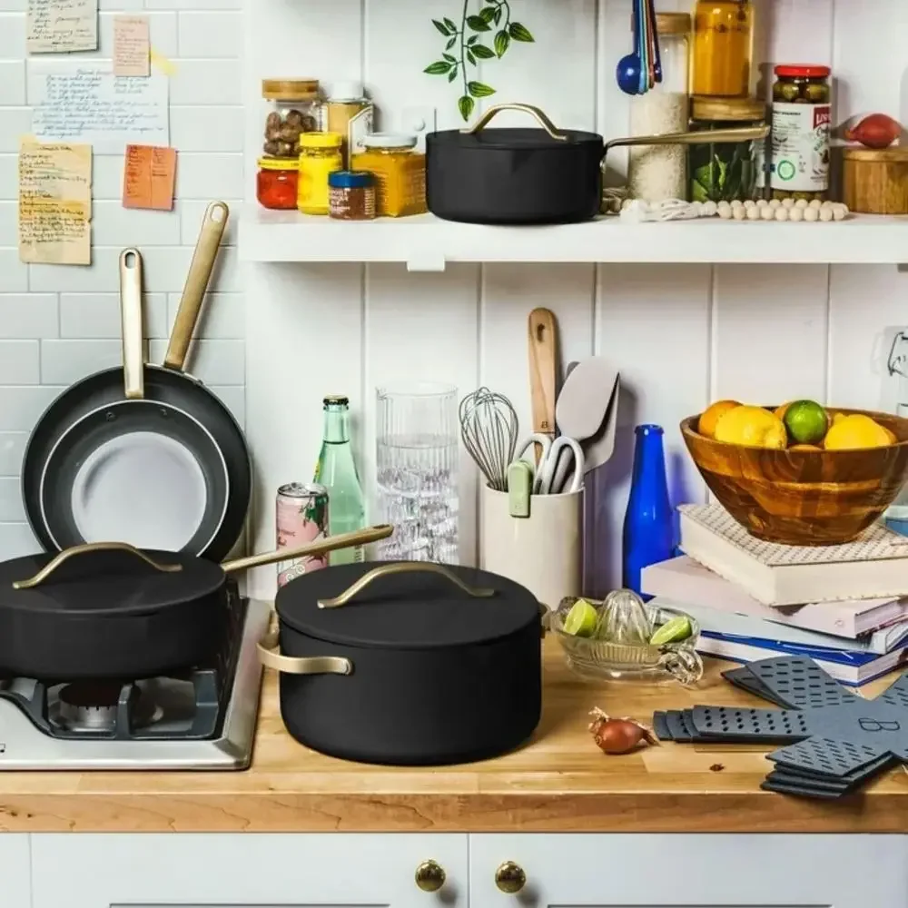 12pc Non-Stick Cookware Set, Pots & Pans with Lids, Dishwasher Safe, Soft-Touch Handles, Even Heat Base, Black Seascape Design