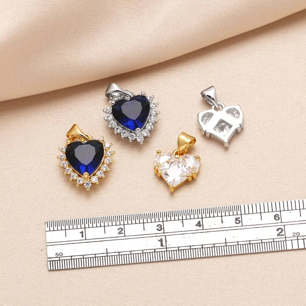 OCESRIO Trendy White Crystal Small Heart Pendant For Necklaces Copper Gold Plated Blue Heart Jewelry Making Supplies Pdtb699