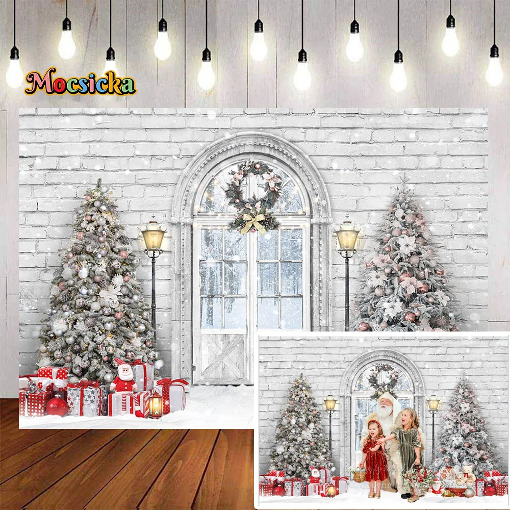 Christmas Snowy Door Photography Background Winter Xmas Tree White Brick Wall Backdrop Gift Lamp Booth Kid Birthday Photo Studio