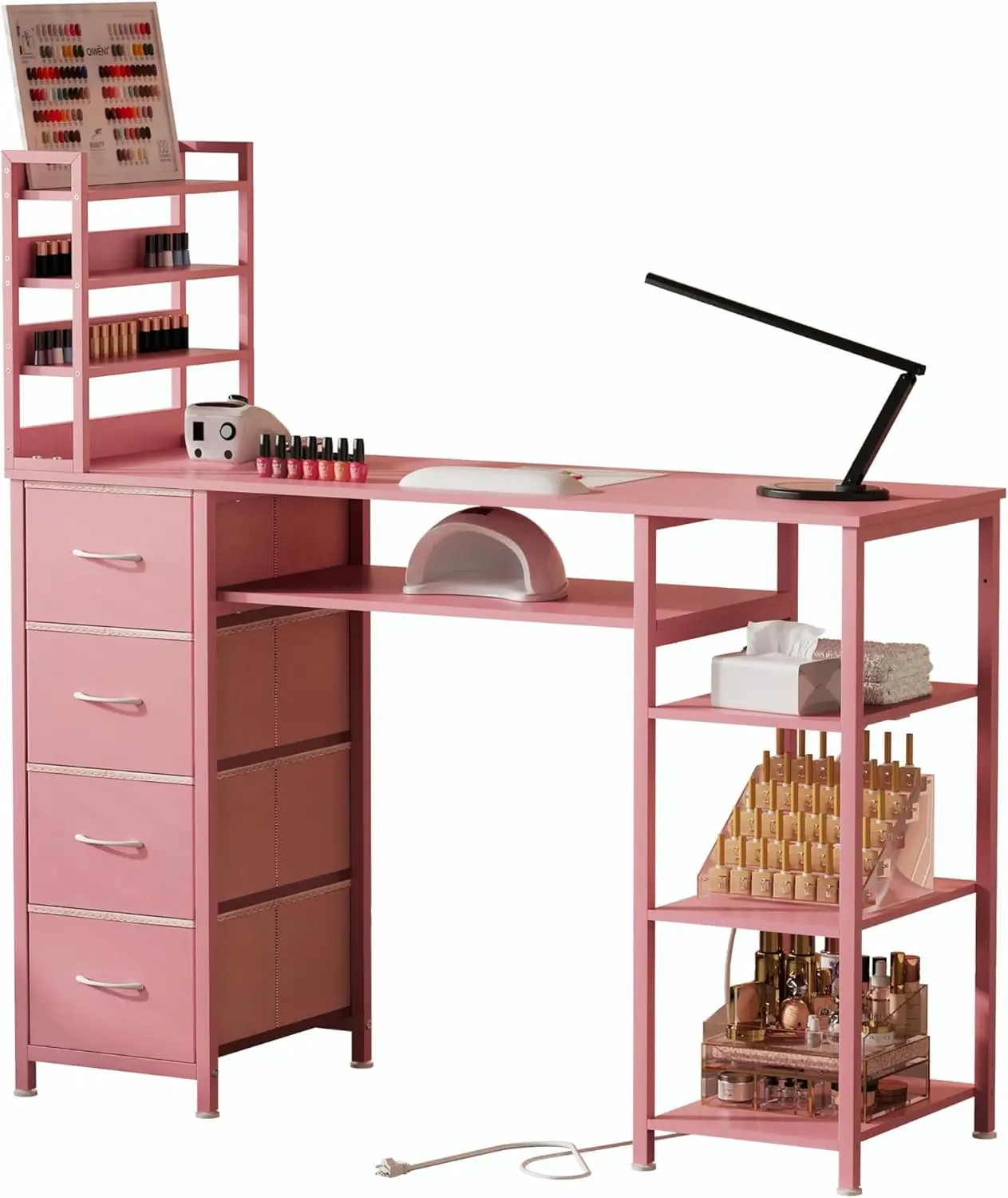 

Manicure Table Nail Desk for Nail tech with Drawers and Power Outlet,Nail Beauty Table with Storage and Open Shelves for Home,Workshop,Makeup Beauty Salon Workstation (Pink)
