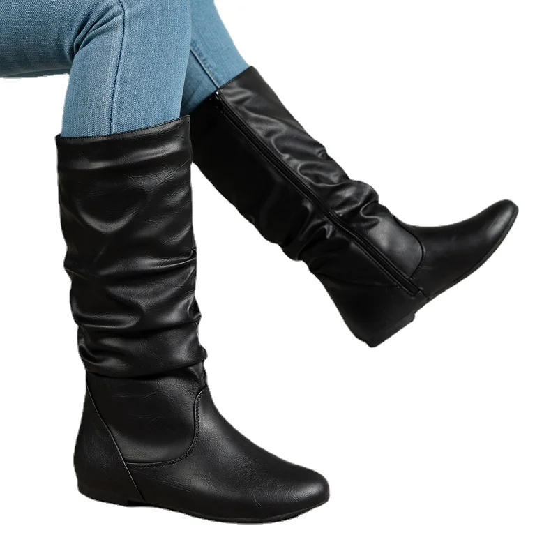 Women\'s Riding Boots Fashion Plus Size Soft Leather Zipper Knee High Boot Slip on Ladies Thigh High Knight Flat Shoes Autumn New