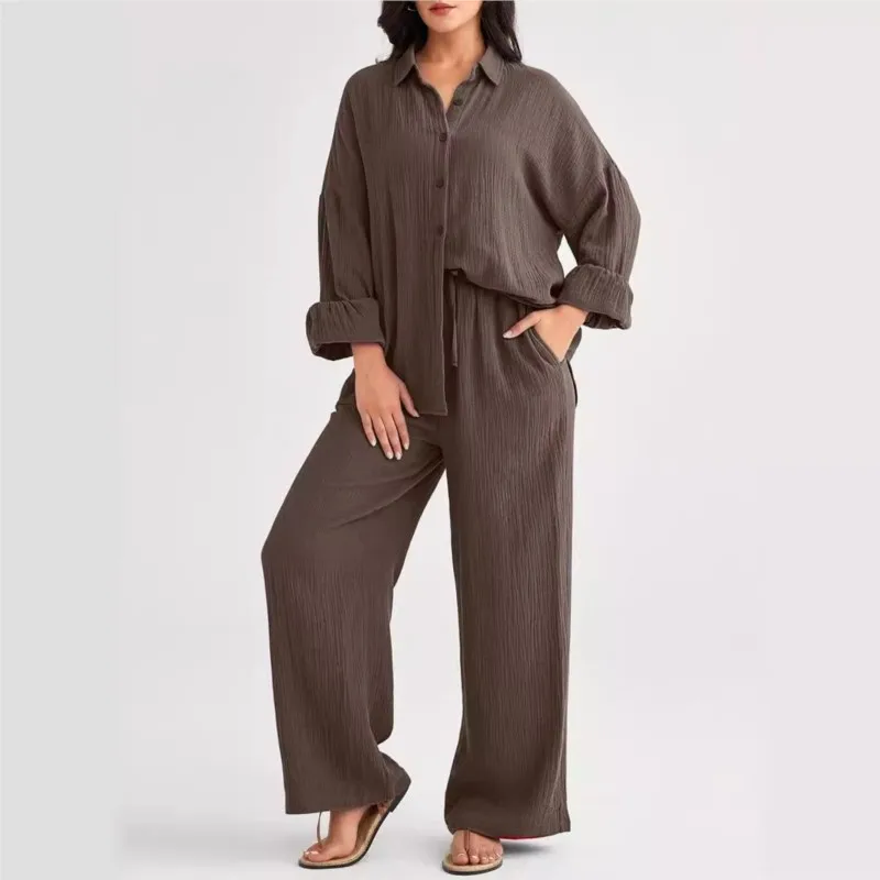

Solid Casual Loose Shirt Long Pants Sets For Women 2024 New Elegant Autumn Women's Two Pieces Suit Female Commute Outfit Clothes