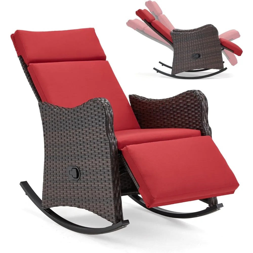 

Outdoor Recliner for Patio, Wicker Rocking Chair with Extended Footrest, Porch Balcony Lounges with Removable Cushion for Garde