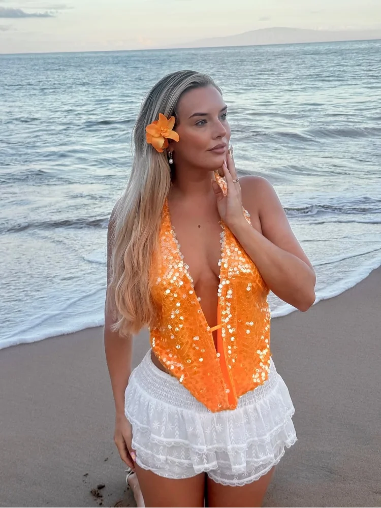

Women Chic Backless Sequin Halter Top Sexy Draped Neckline Sleeveless Off-shoulder Crop Blouse 2026 Lady Vacation Beach Tops