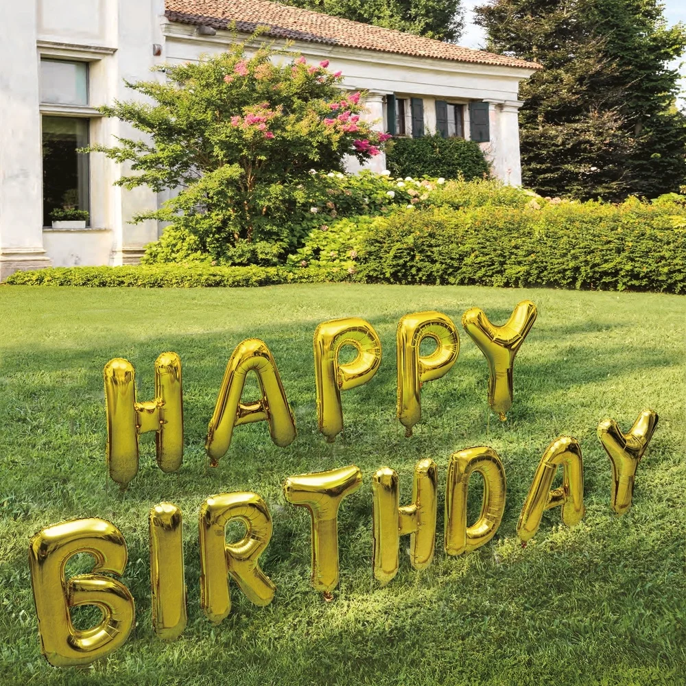 Gold Foil Happy Birthday Balloon Yard Stake Set 13 Pieces Outdoor Decor Easy Setup Includes Metal Stakes Blowing Straws Plastic