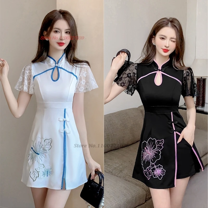 2024 chinese improved qipao cheongsam dress national flower print qipao dress+shorts set hotel spa work dress nightclub qipao