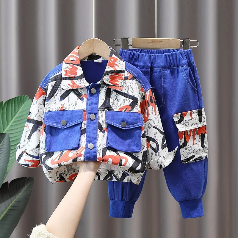 Boys Coat +Pants Kids Sets Tracksuit 2PCS/Set 2024 Printed Spring Autumn Cotton Outfits Jogging Suit Children Clothing