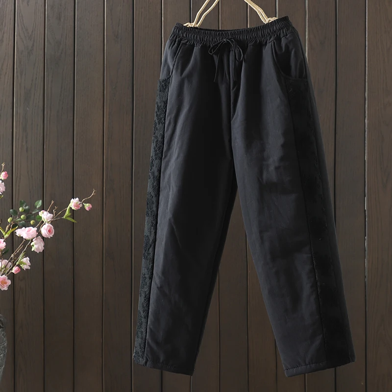 Thiened مزيج القطن هارلان Sle المطرزة صافي المرقعة فضفاضة تناسب المرأة سراويل شتوية منتصف الخصر تسع نقاط بنطلون طويل