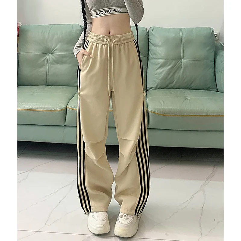 Mädchen High-Waist Baggy Cargo-Hose mit Geradem Bein Streetwear Koreanische Lässige Damenhose Gestreifte Schnelltrocknende Hose