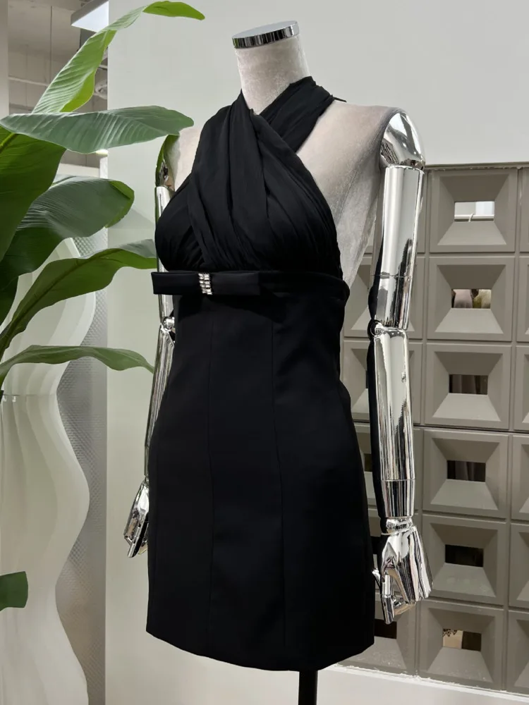 DFDG Robe dos nu pour femme, douce et sexy, col licou, col en V, transparente, moulante, mi-longue, avec nœud au dos, robe de soirée de cocktail élégante, 2025 SS